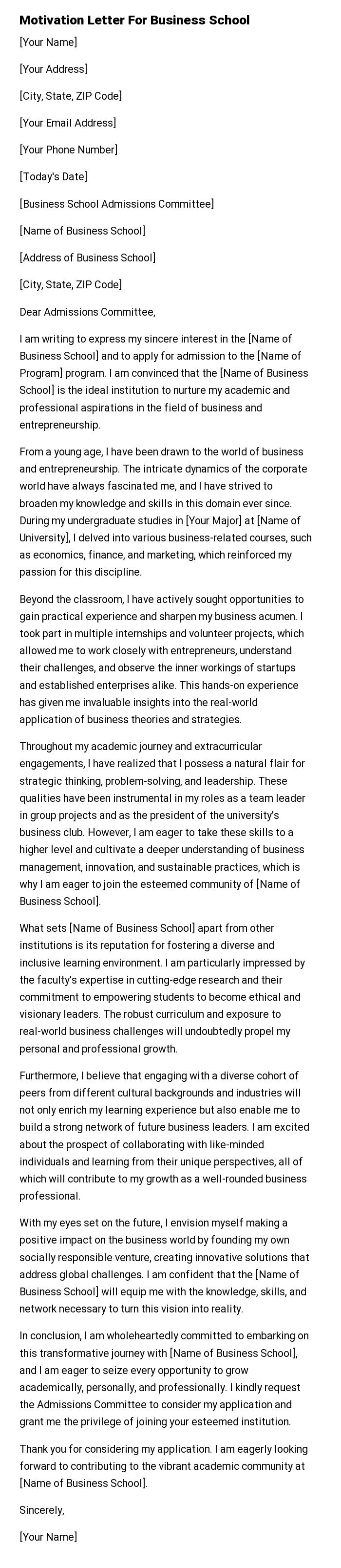 Motivation Letter For Business School