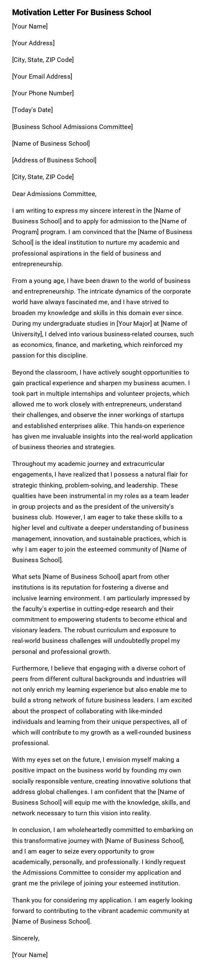 Motivation Letter For Business School