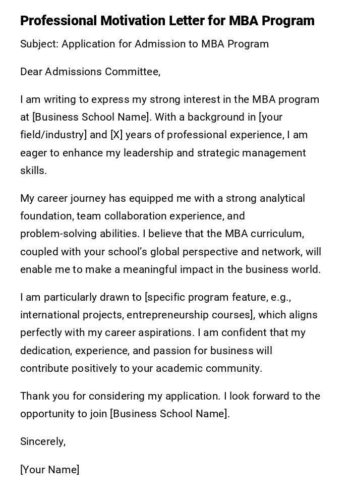 Professional Motivation Letter for MBA Program