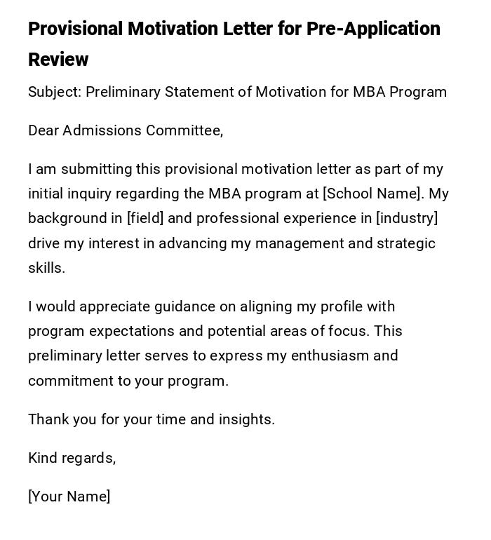 Provisional Motivation Letter for Pre-Application Review