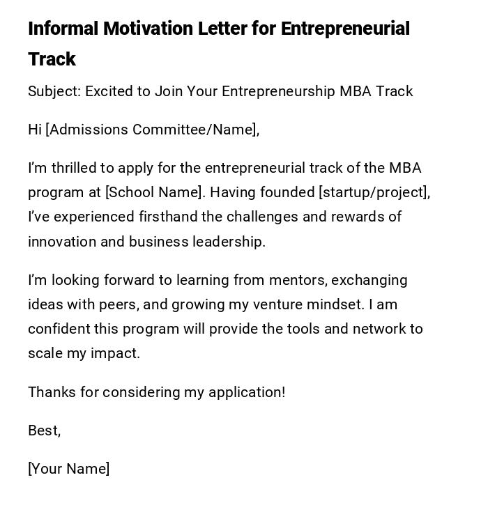 Informal Motivation Letter for Entrepreneurial Track