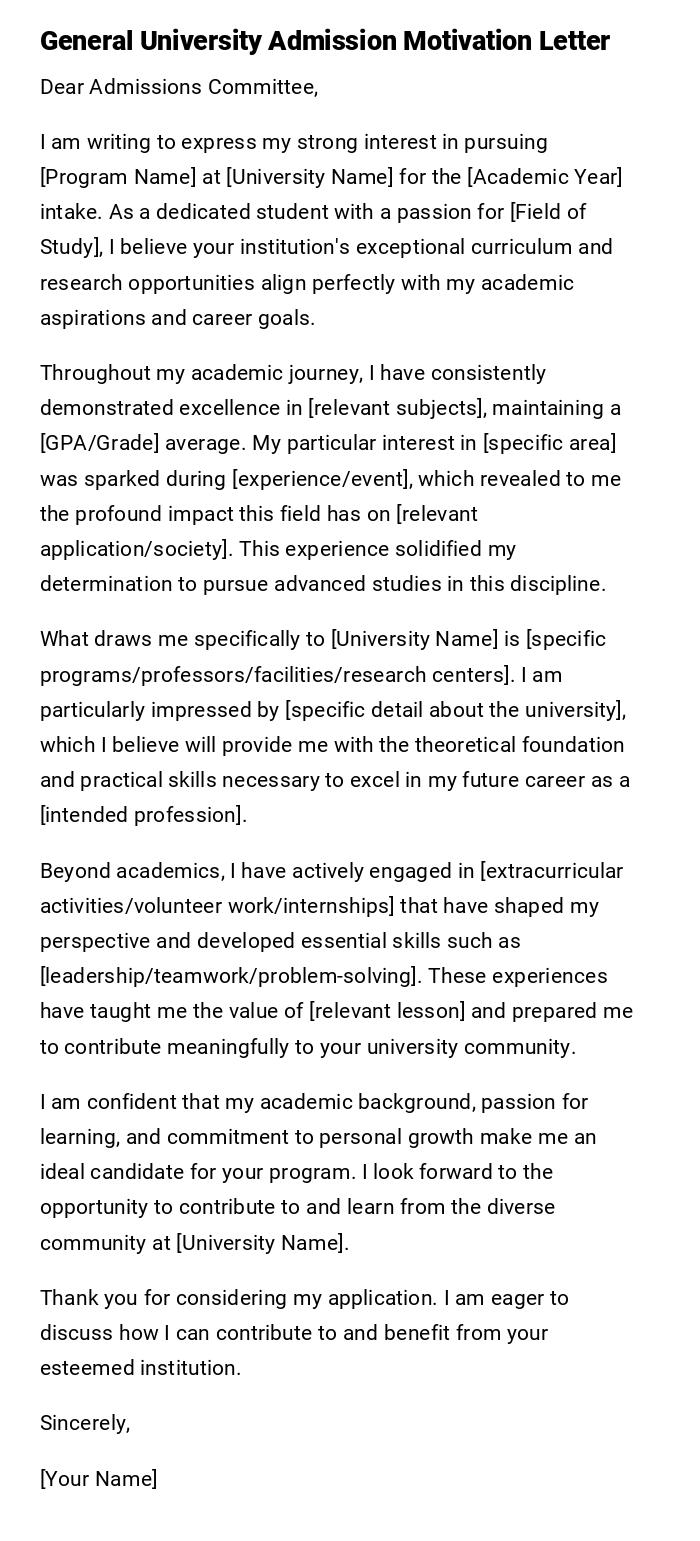 General University Admission Motivation Letter