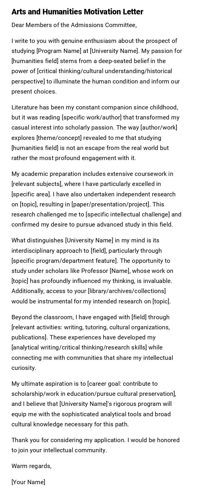 Arts and Humanities Motivation Letter