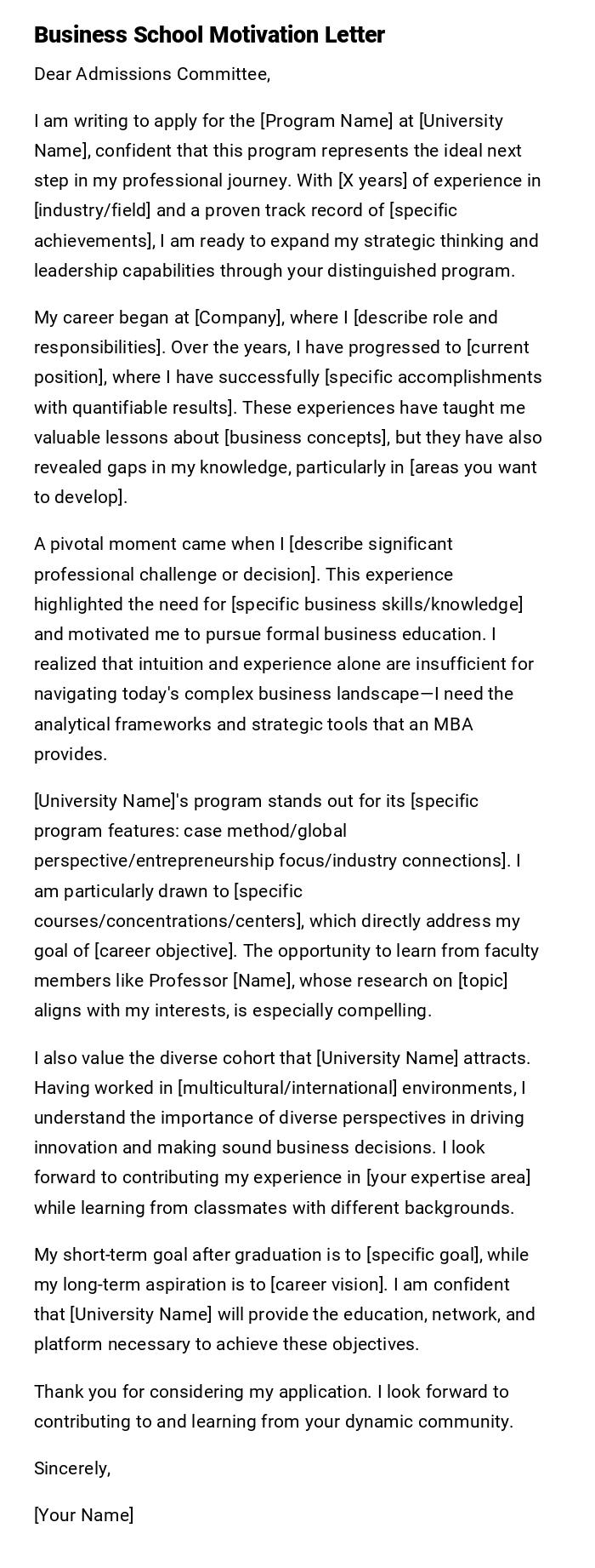 Business School Motivation Letter