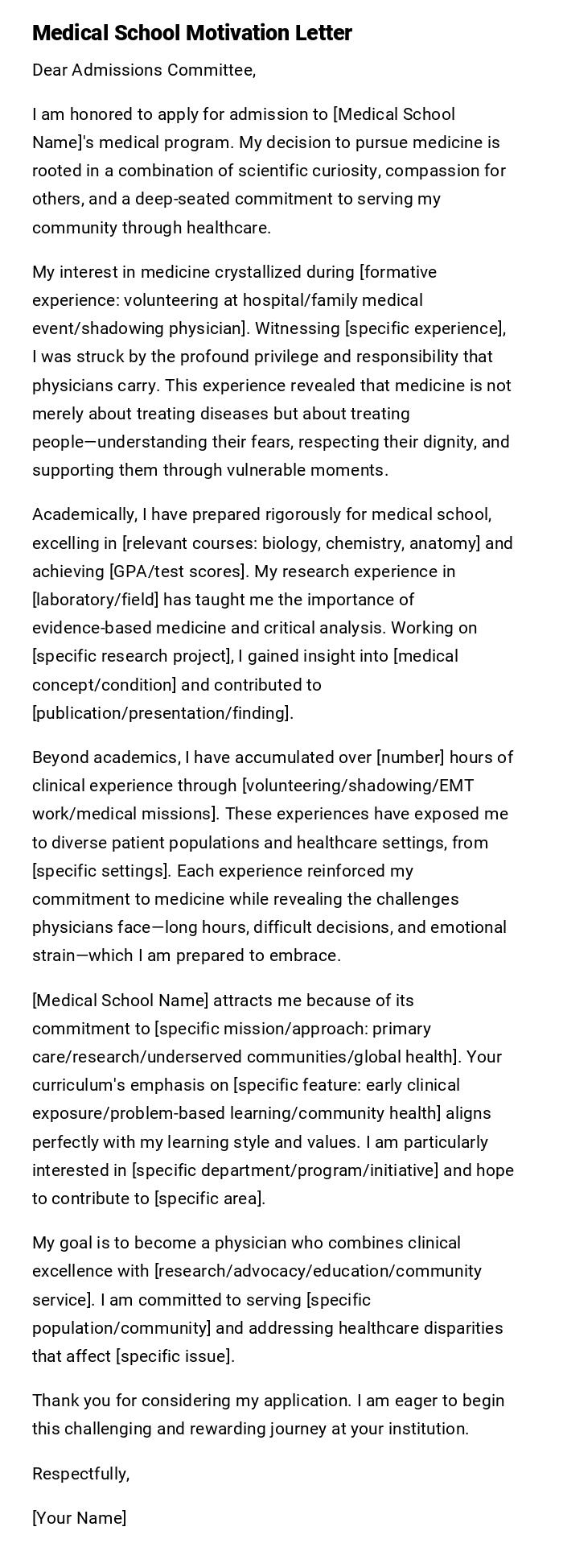 Medical School Motivation Letter