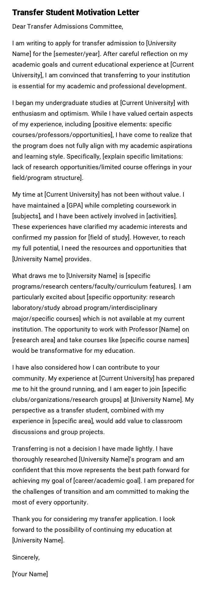 Transfer Student Motivation Letter