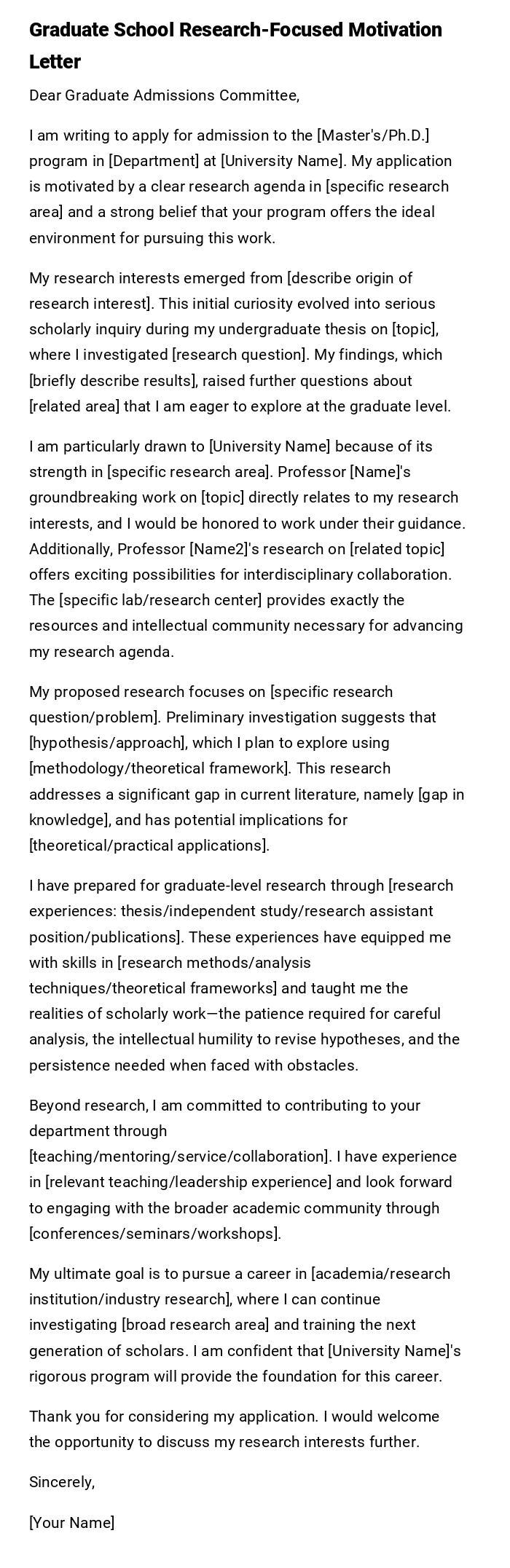Graduate School Research-Focused Motivation Letter