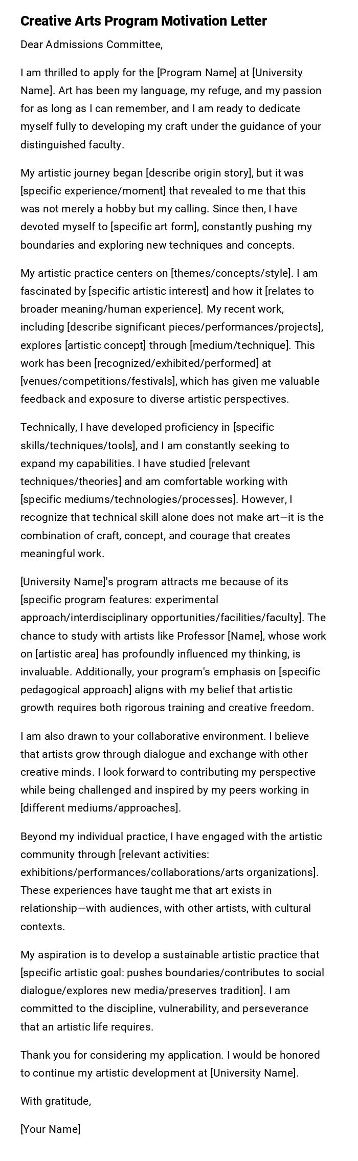 Creative Arts Program Motivation Letter