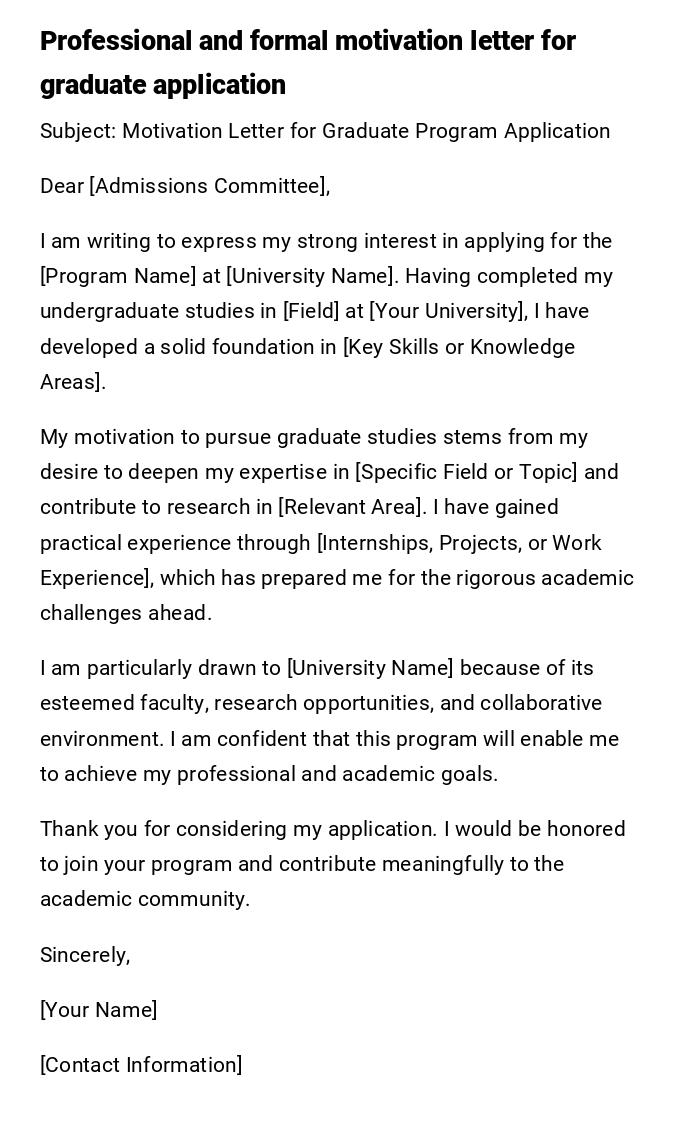 Professional and formal motivation letter for graduate application