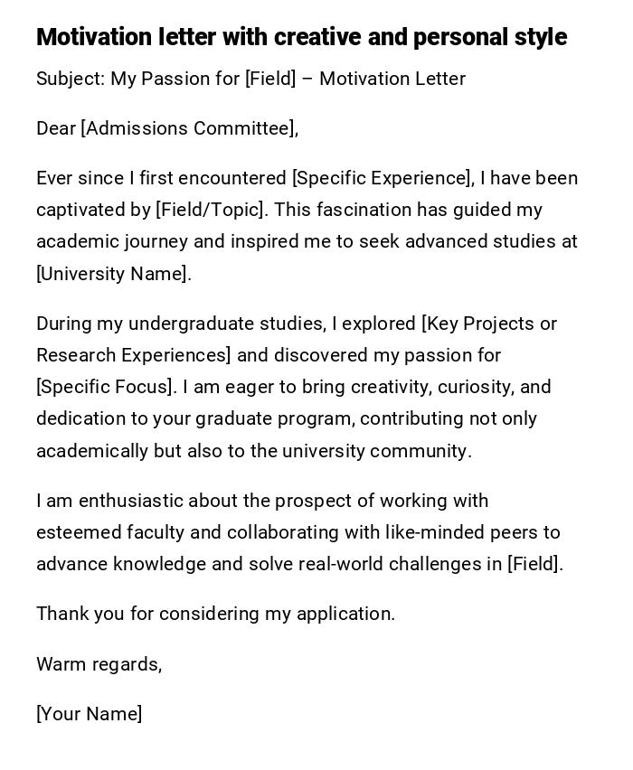 Motivation letter with creative and personal style