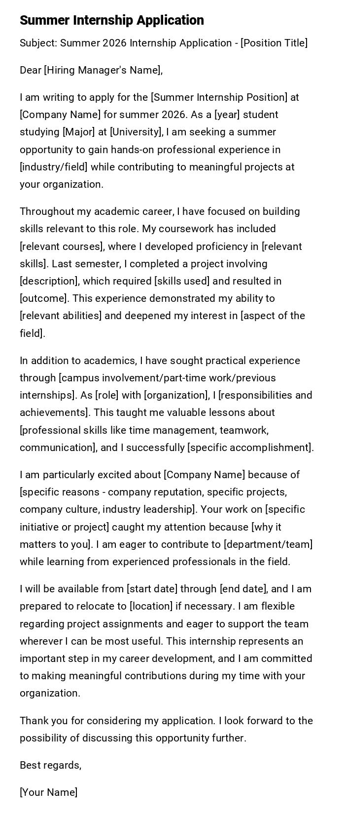 Summer Internship Application