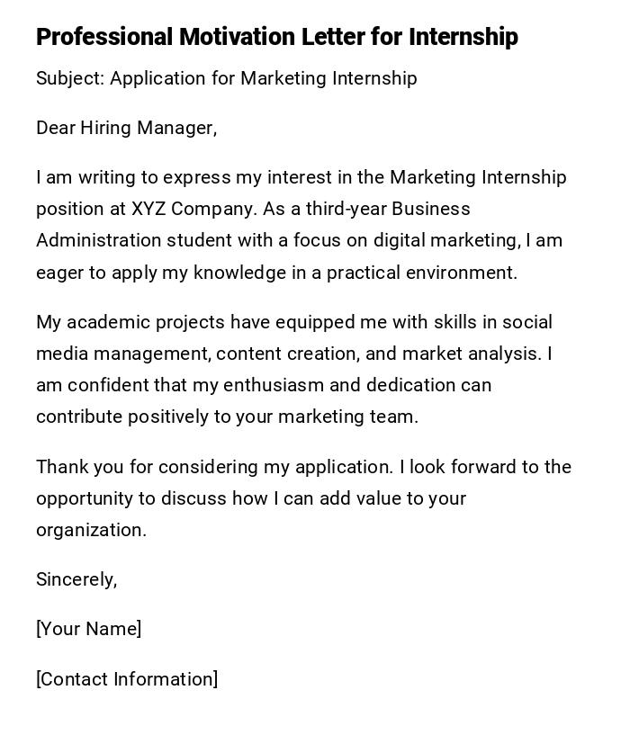 Professional Motivation Letter for Internship Professional Motivation Letter for Internship