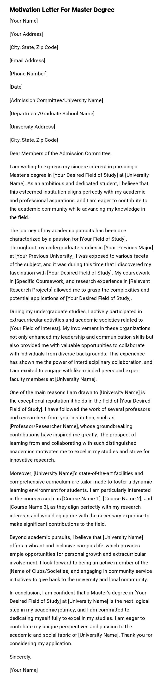 Motivation Letter For Master Degree