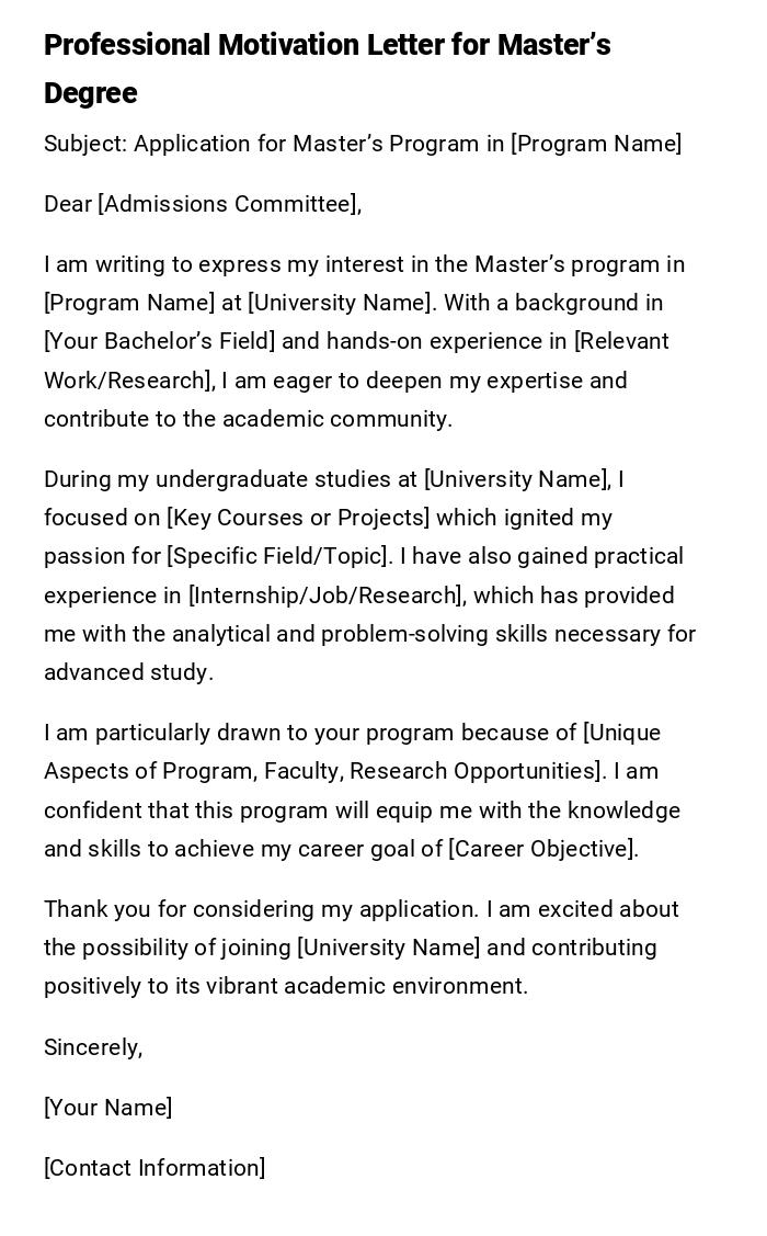 Professional Motivation Letter for Master’s Degree