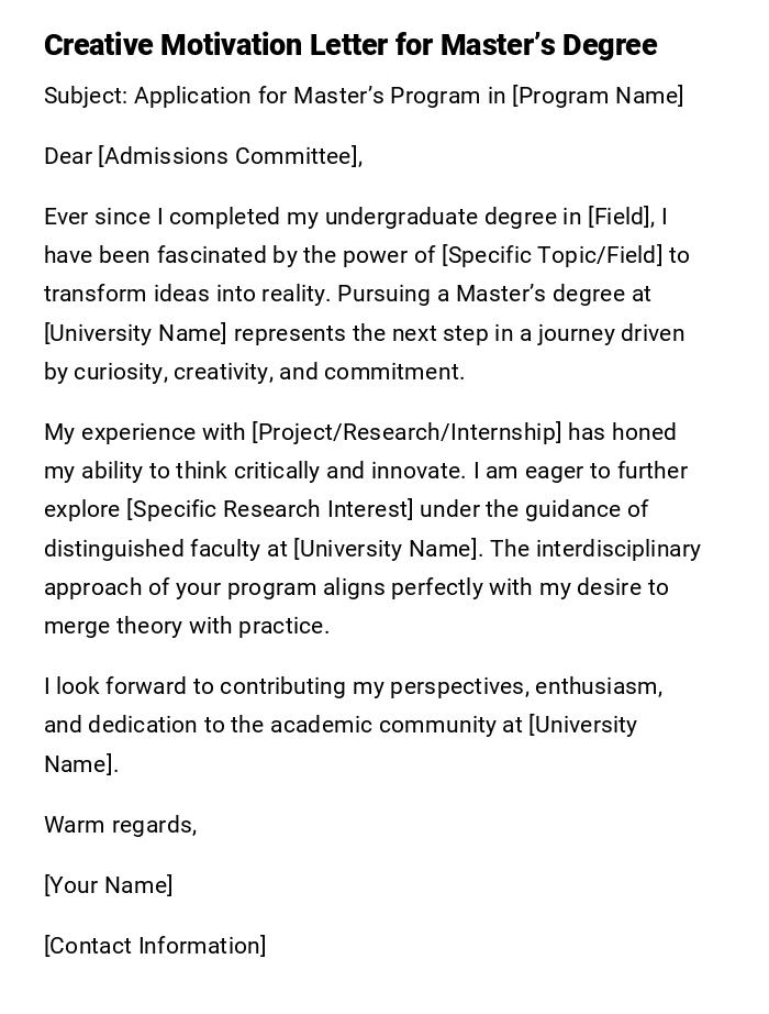 Creative Motivation Letter for Master’s Degree