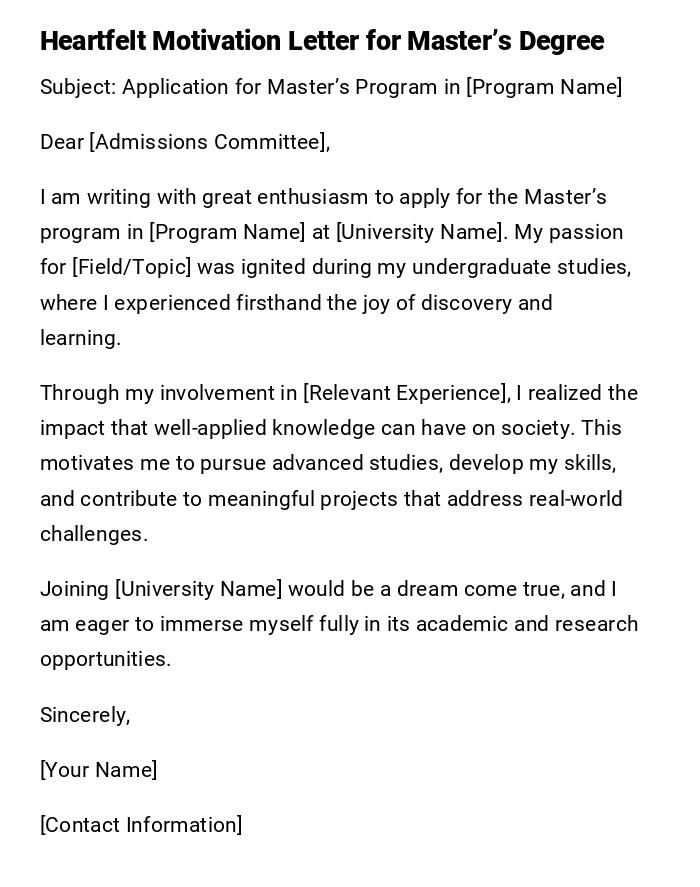 Heartfelt Motivation Letter for Master’s Degree