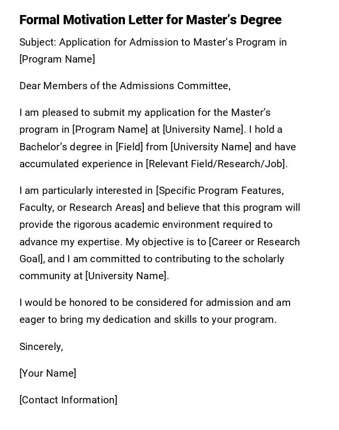 Formal Motivation Letter for Master’s Degree
