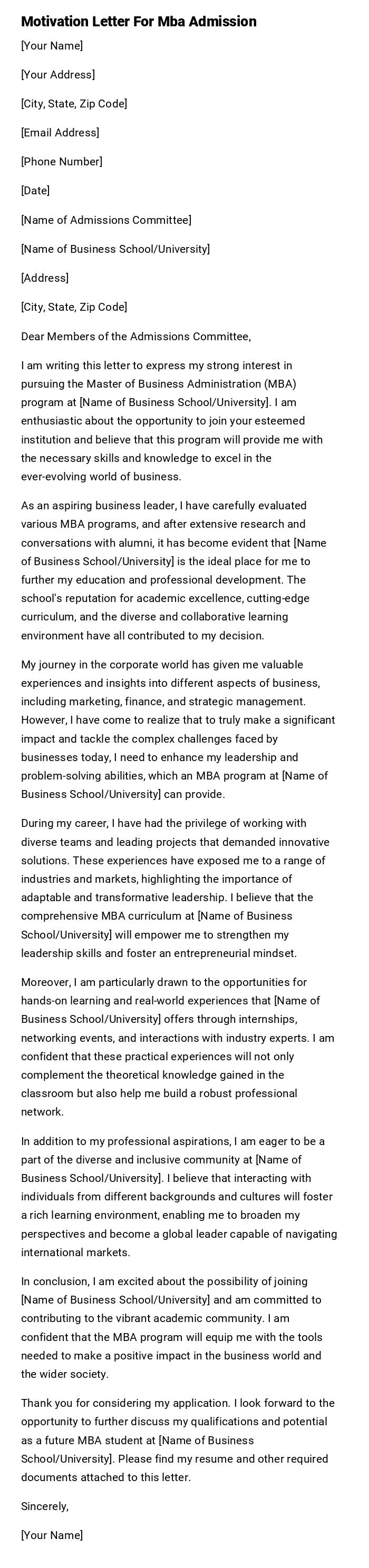 Motivation Letter For Mba Admission