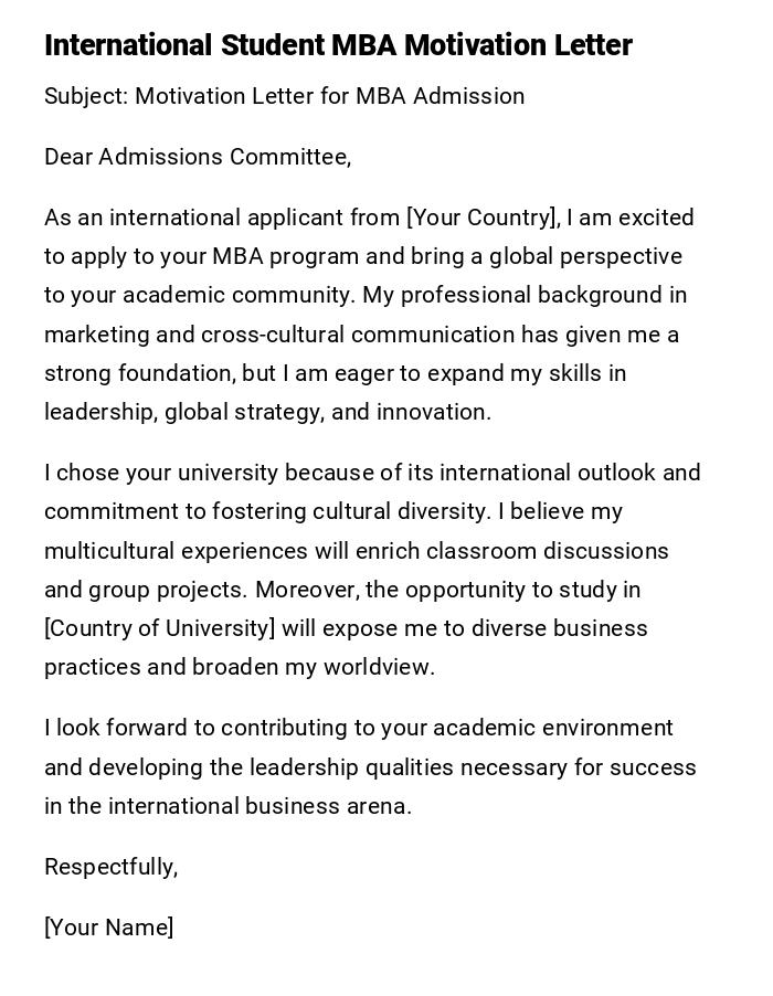 International Student MBA Motivation Letter International Student MBA Motivation Letter