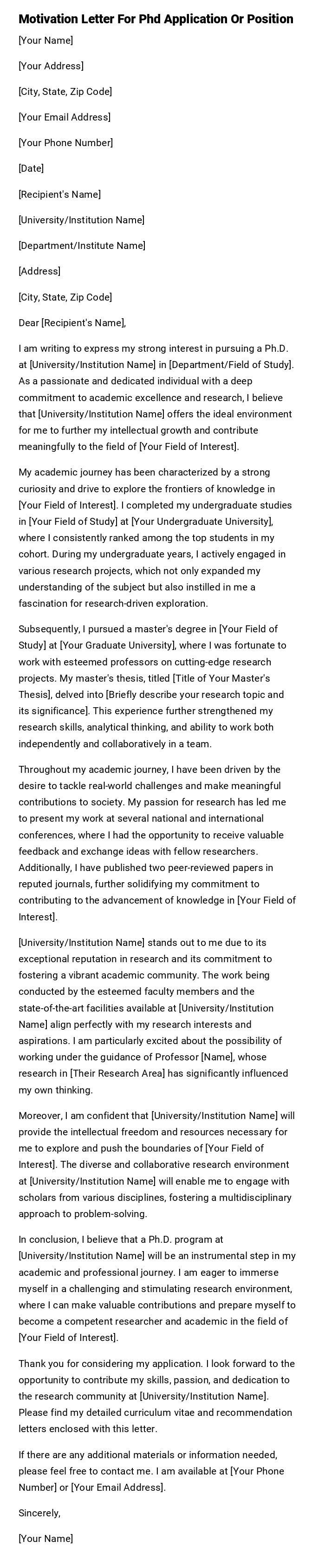 Motivation Letter For Phd Application Or Position