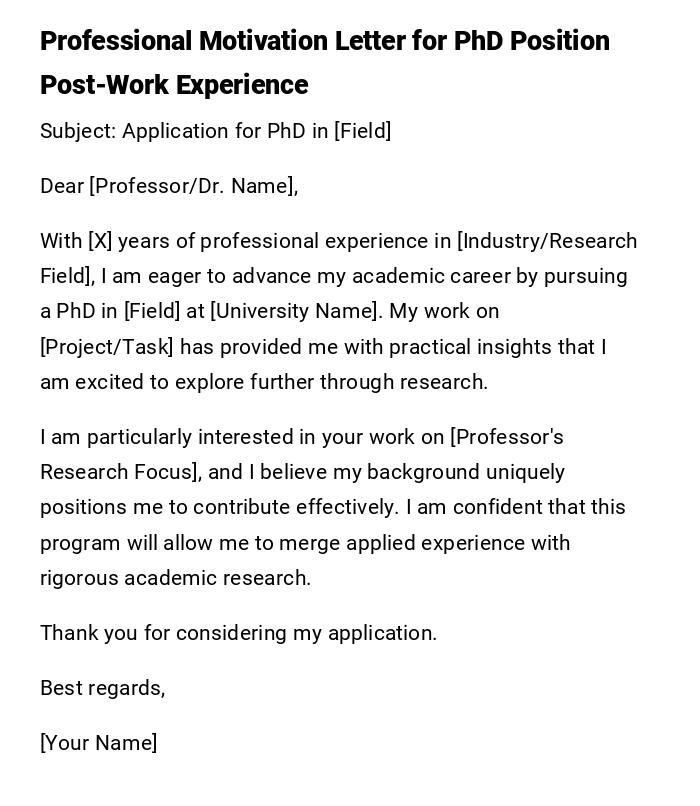 Professional Motivation Letter for PhD Position Post-Work Experience