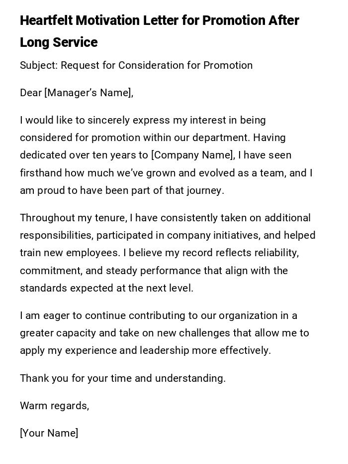 Heartfelt Motivation Letter for Promotion After Long Service