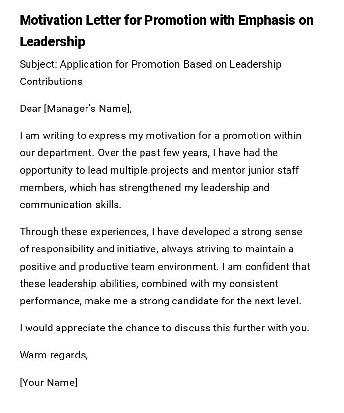 Motivation Letter for Promotion with Emphasis on Leadership