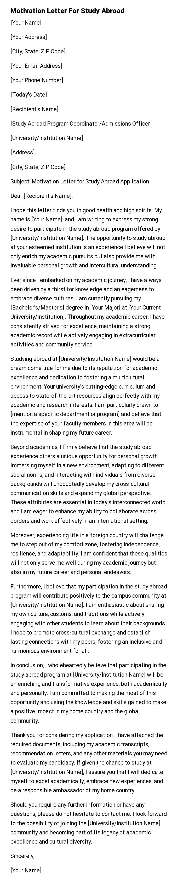 Motivation Letter For Study Abroad