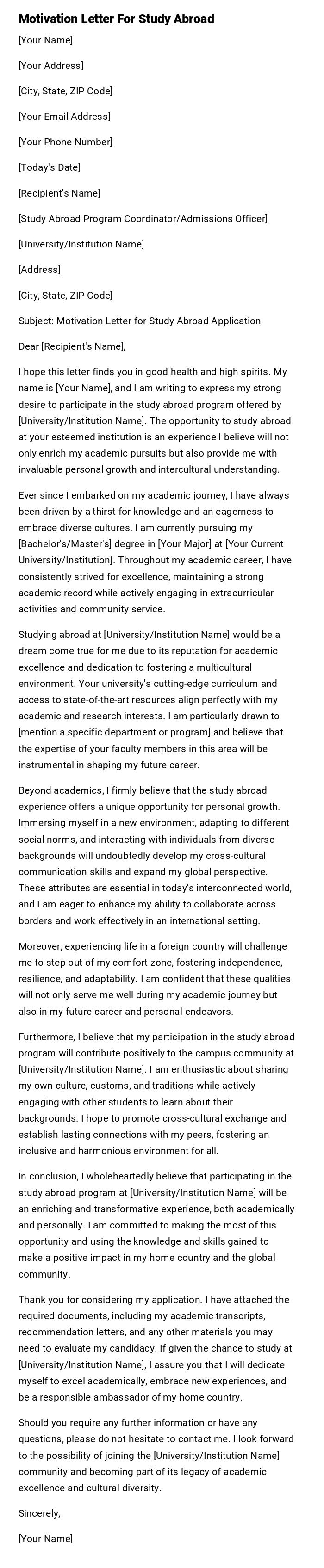 Motivation Letter For Study Abroad