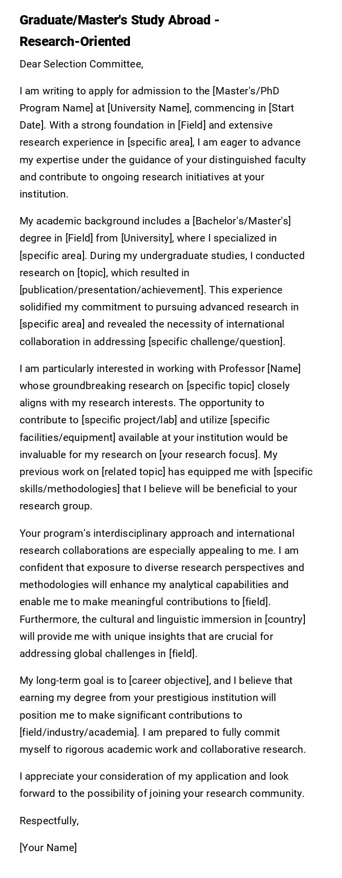 Graduate/Master's Study Abroad - Research-Oriented