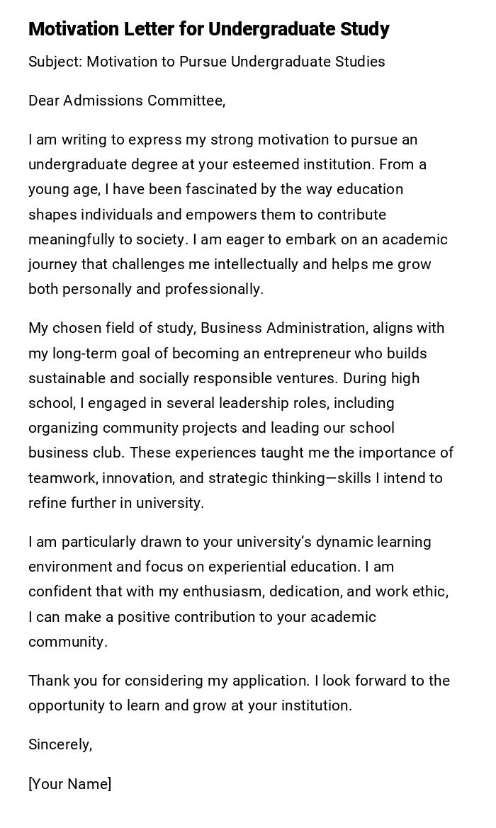 Motivation Letter for Undergraduate Study