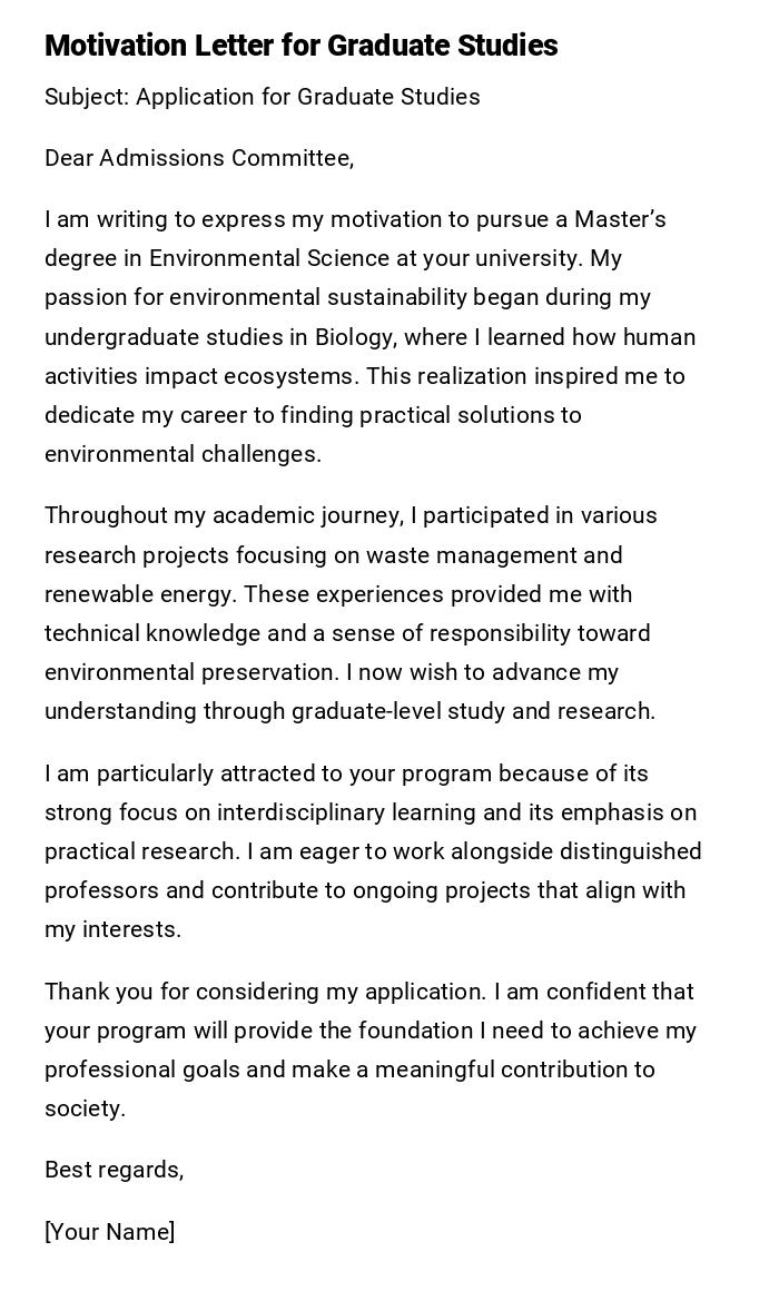 Motivation Letter for Graduate Studies