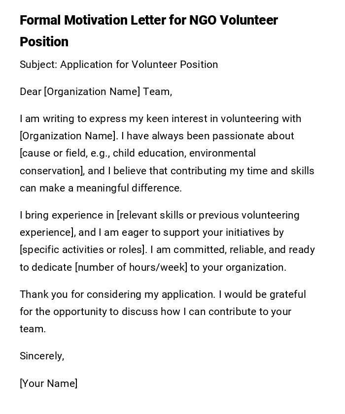 Formal Motivation Letter for NGO Volunteer Position