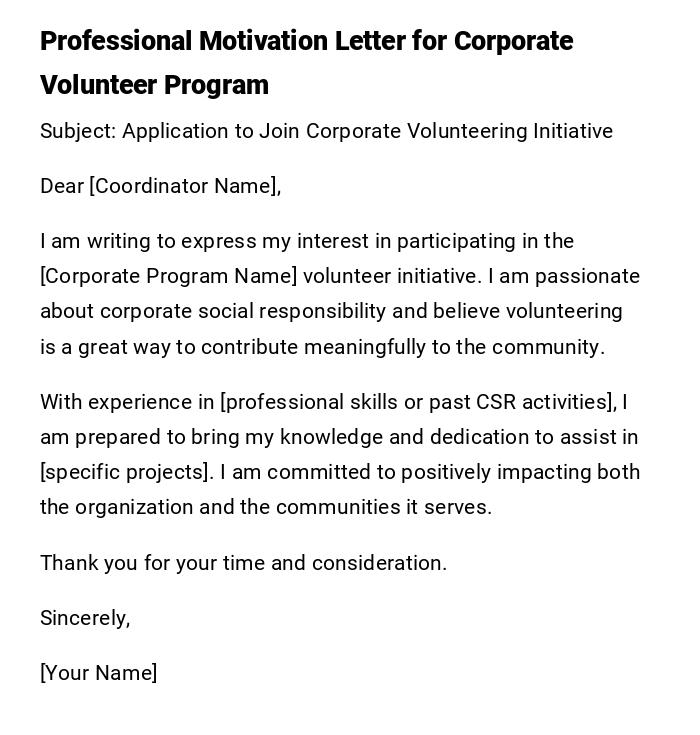 Professional Motivation Letter for Corporate Volunteer Program