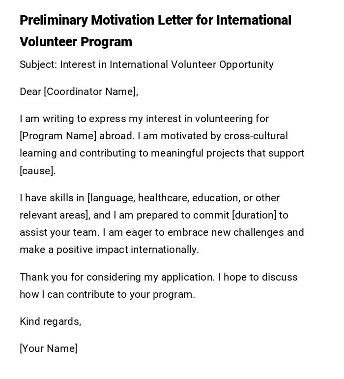 Preliminary Motivation Letter for International Volunteer Program