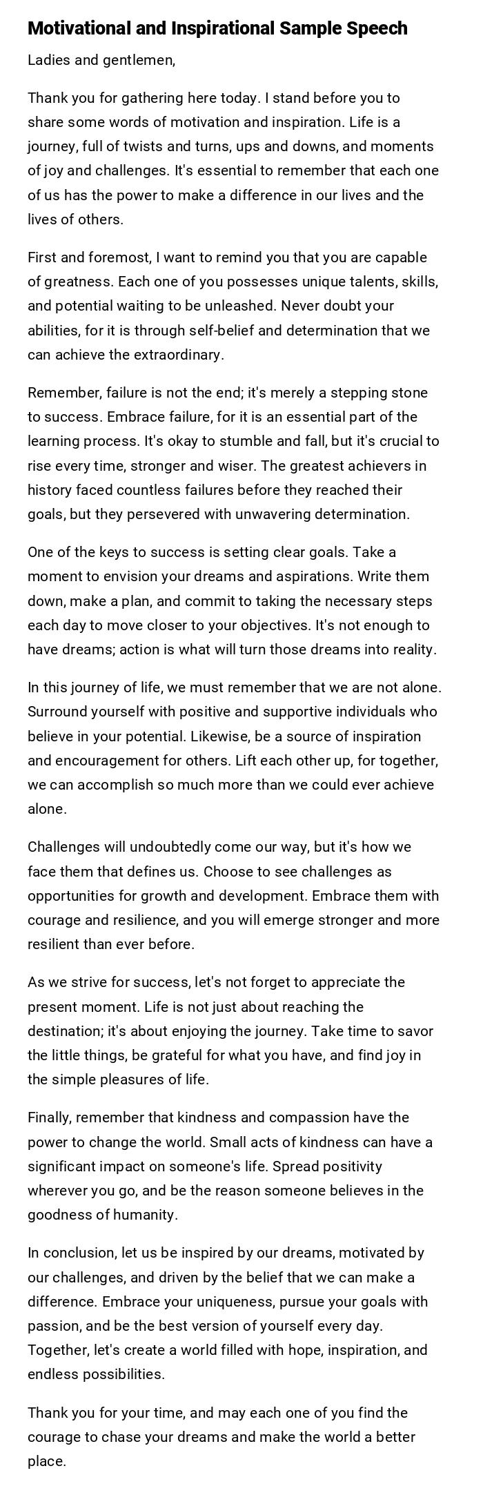 Motivational and Inspirational Sample Speech Motivational and Inspirational Sample Speech