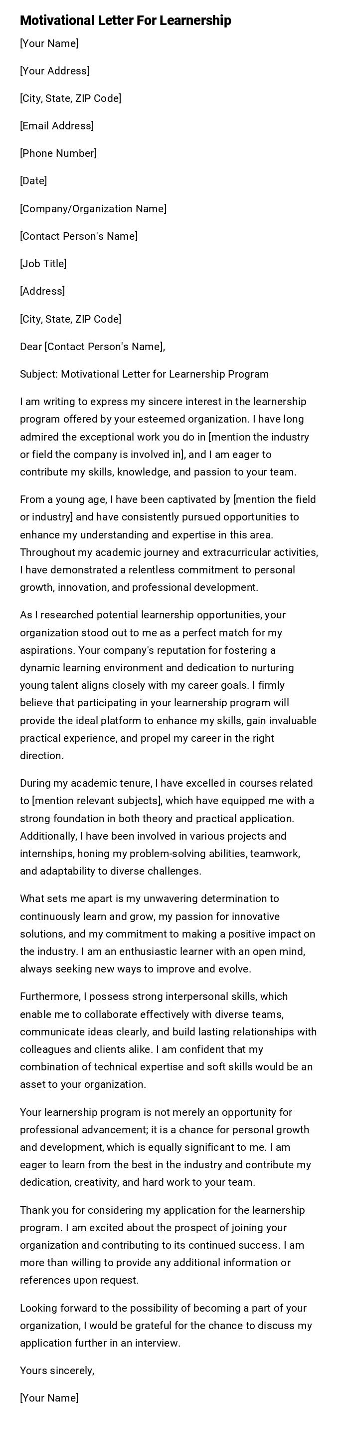 Motivational Letter For Learnership