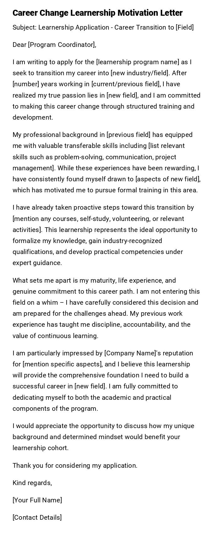 Career Change Learnership Motivation Letter
