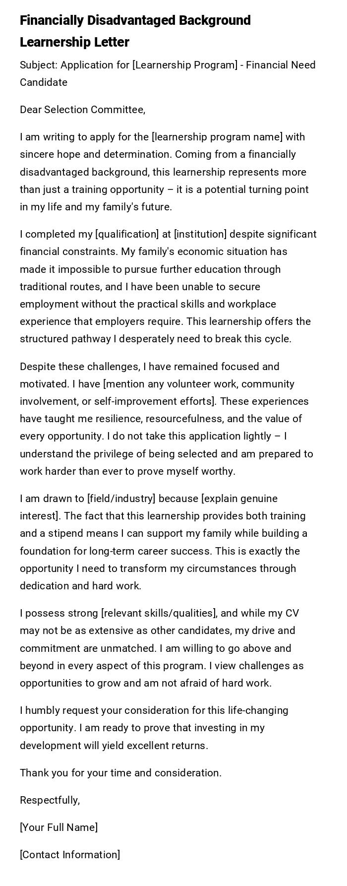 Financially Disadvantaged Background Learnership Letter