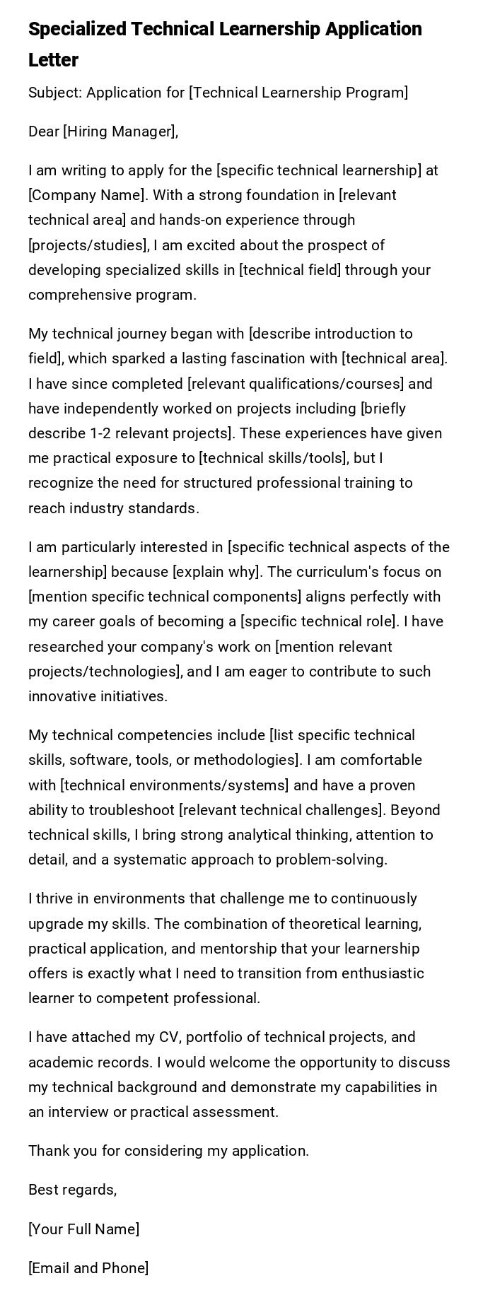Specialized Technical Learnership Application Letter
