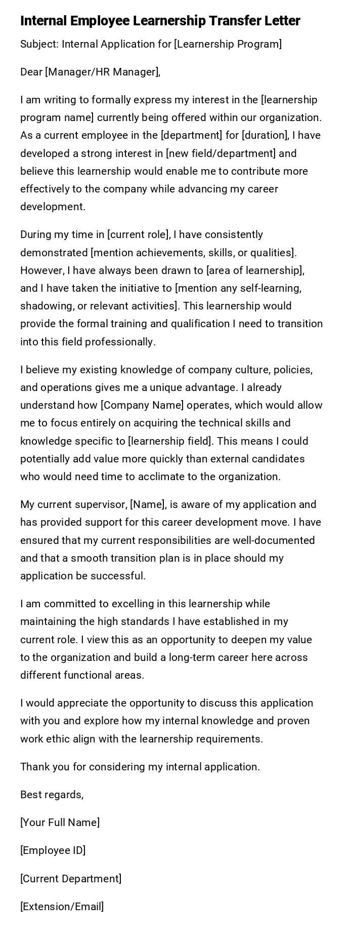 Internal Employee Learnership Transfer Letter