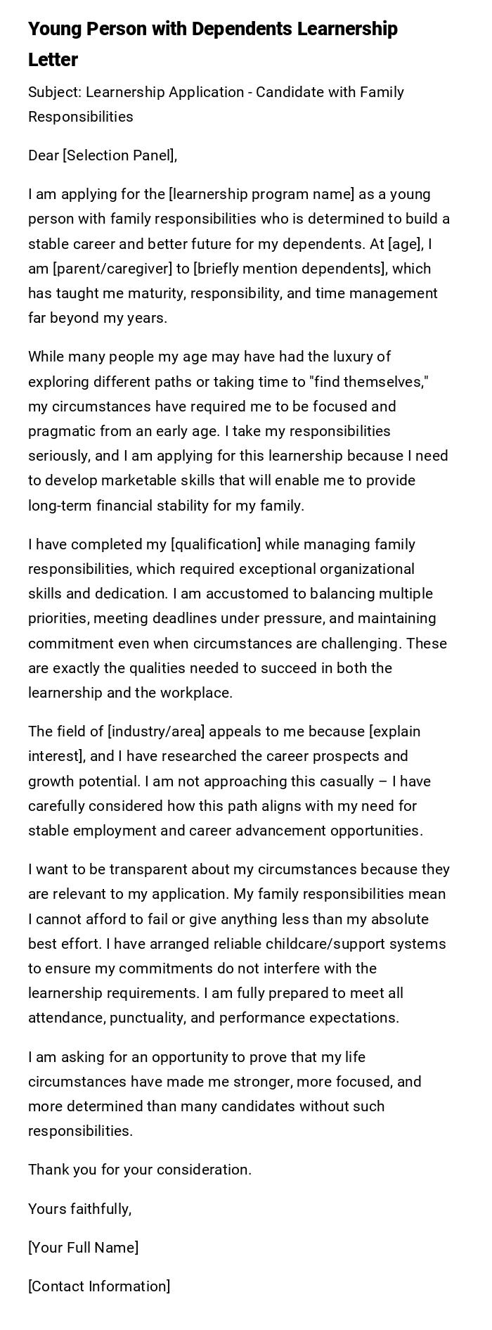 Young Person with Dependents Learnership Letter