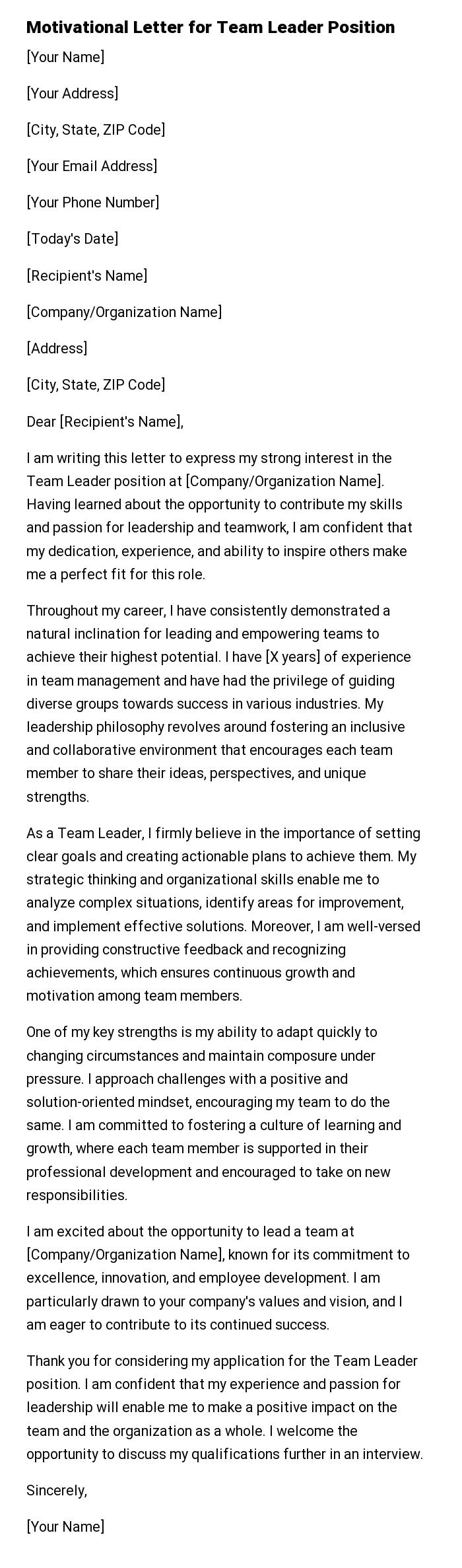 Motivational Letter for Team Leader Position