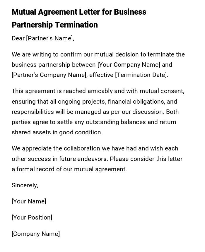 Mutual Agreement Letter for Business Partnership Termination Mutual Agreement Letter for Business Partnership Termination