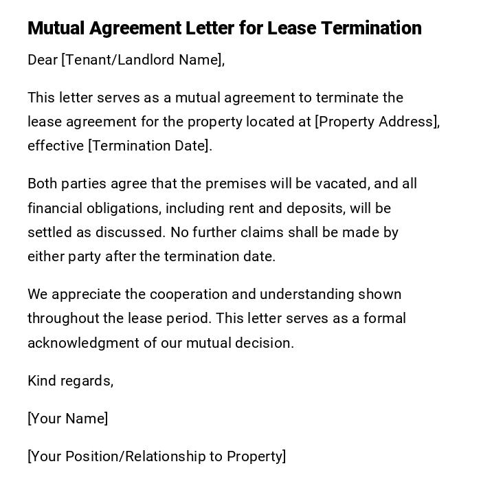 Mutual Agreement Letter for Lease Termination Mutual Agreement Letter for Lease Termination