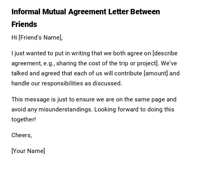 Informal Mutual Agreement Letter Between Friends Informal Mutual Agreement Letter Between Friends