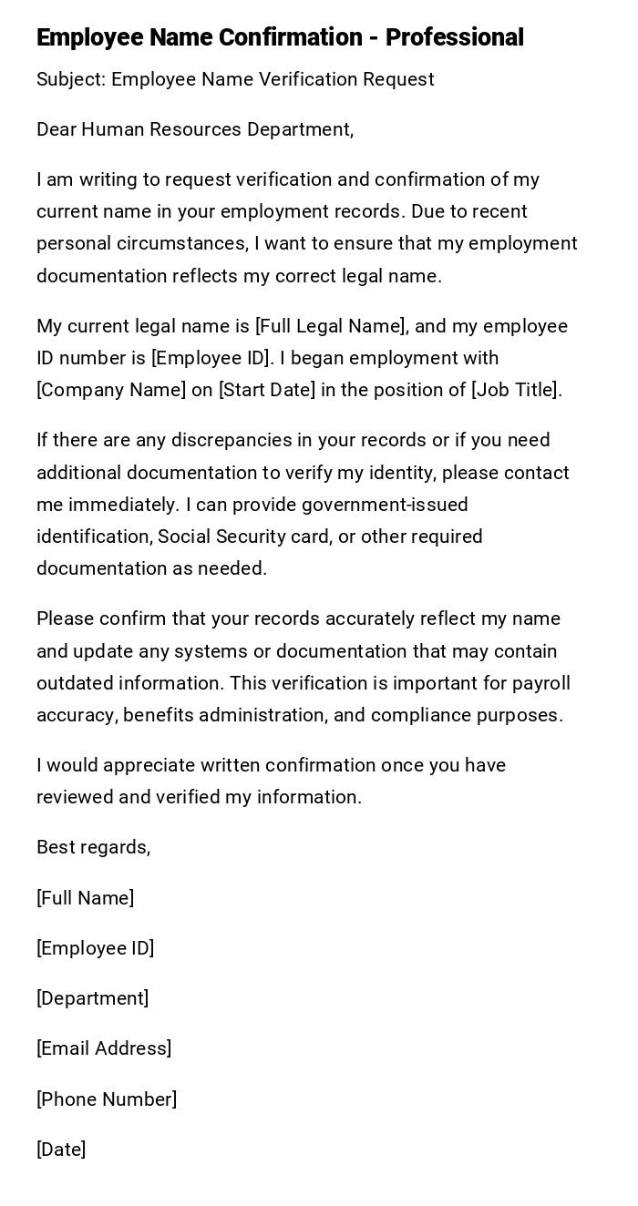 Employee Name Confirmation - Professional
