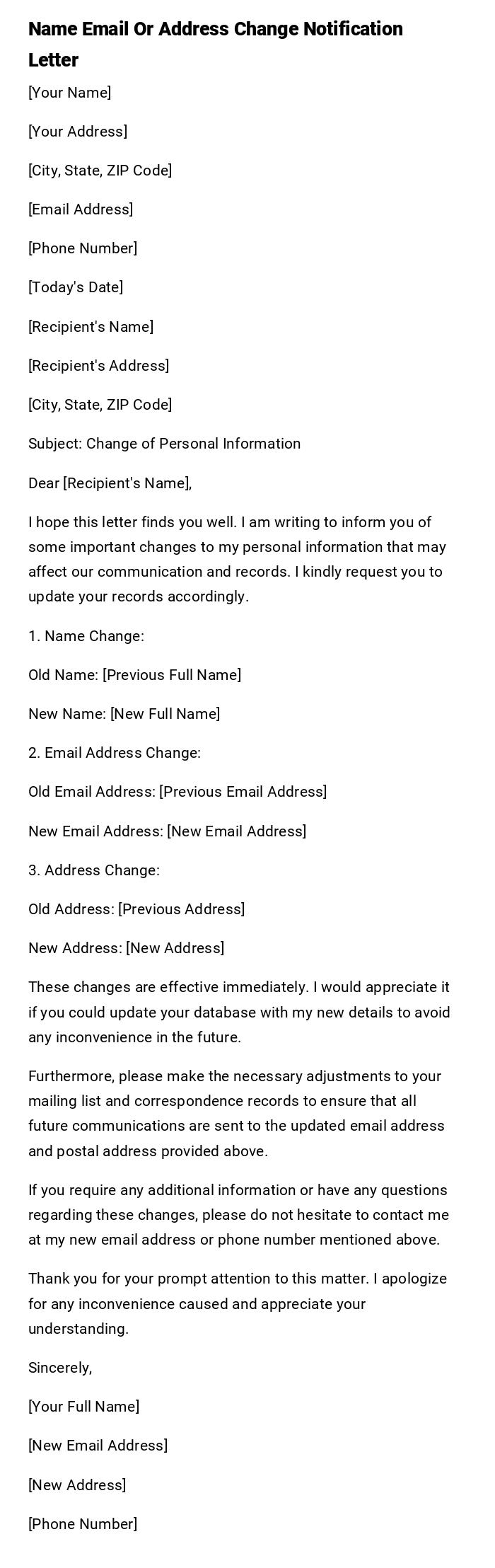 Name Email Or Address Change Notification Letter