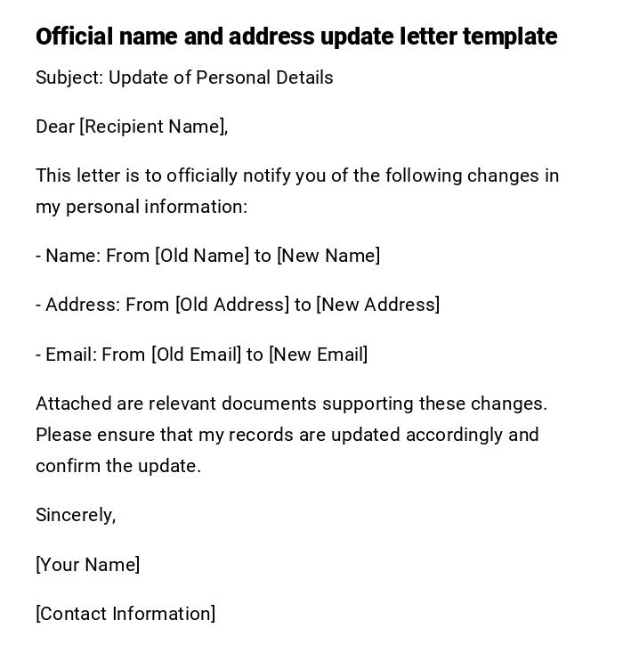 Official name and address update letter template Official name and address update letter template
