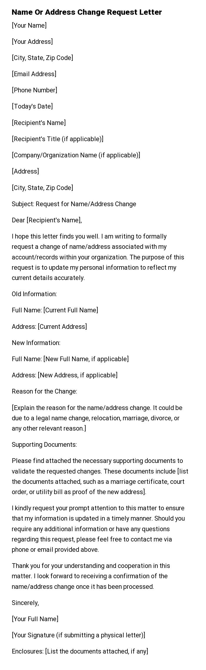 Name Or Address Change Request Letter